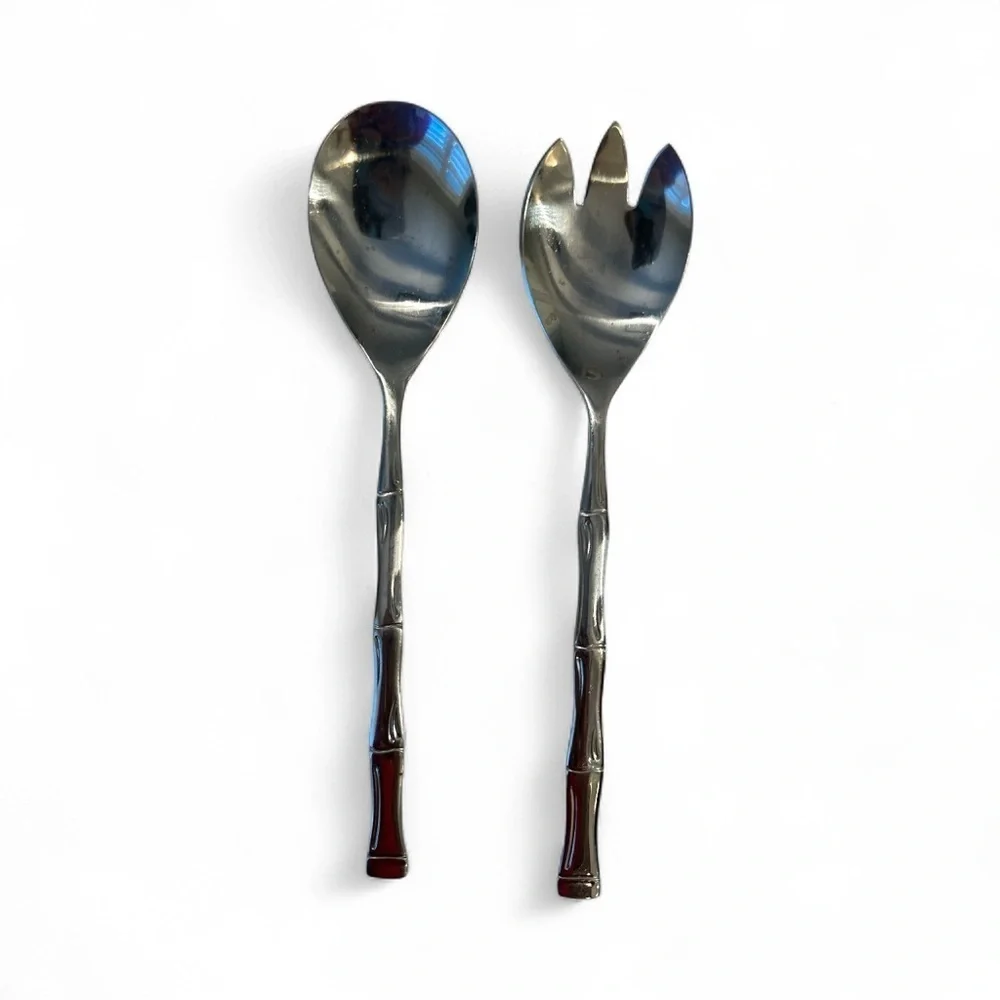 2 Piece Salad Set Bamboo Mid Century Stainless Steel Korea 9
